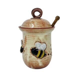 Mudworks USA Stoneware Honey Pot with Lid & Dipper Bee Theme Brown Cream Ceramic